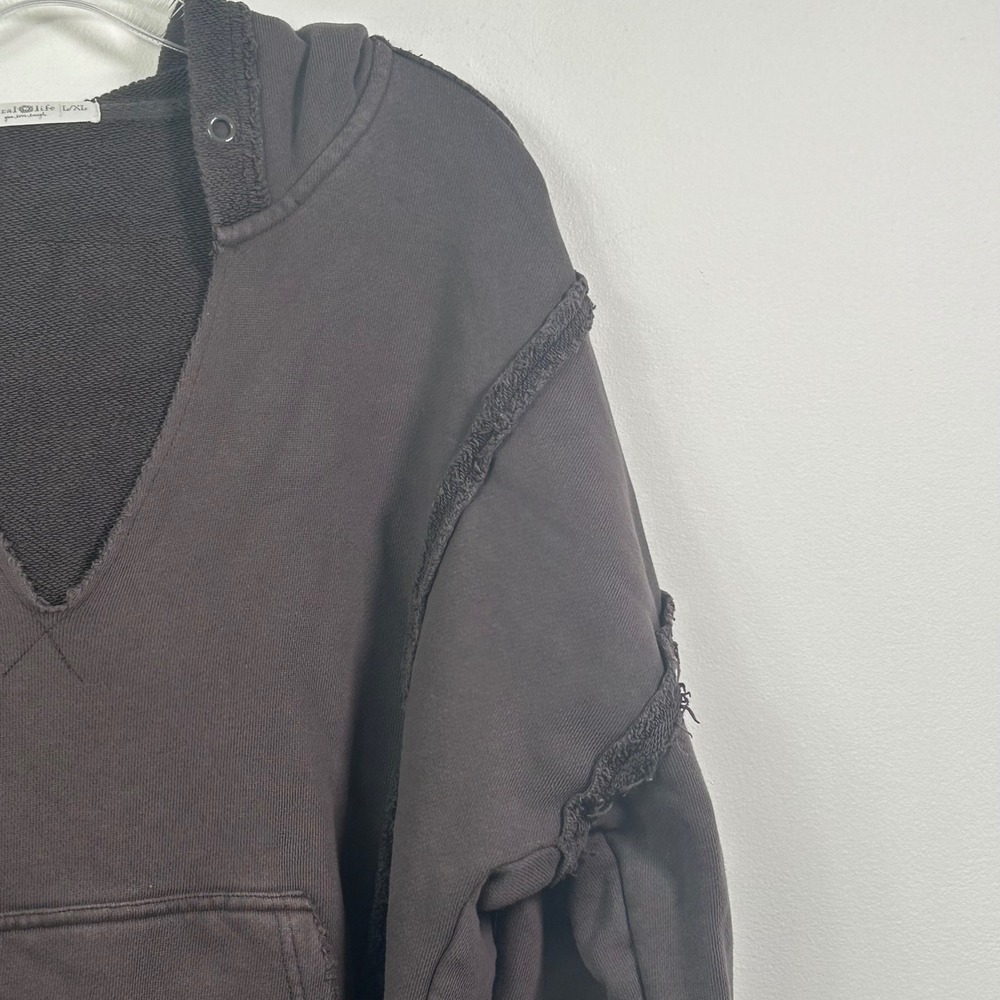 Natural Life V-Neck Distressed Hoodie Faded Black Raw Edge Cotton L/XL - Picture 7 of 8